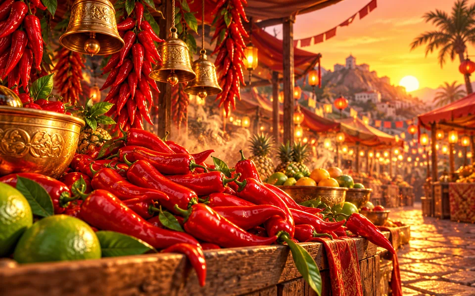 Concept art of red chillies and brass bells at a sunset market