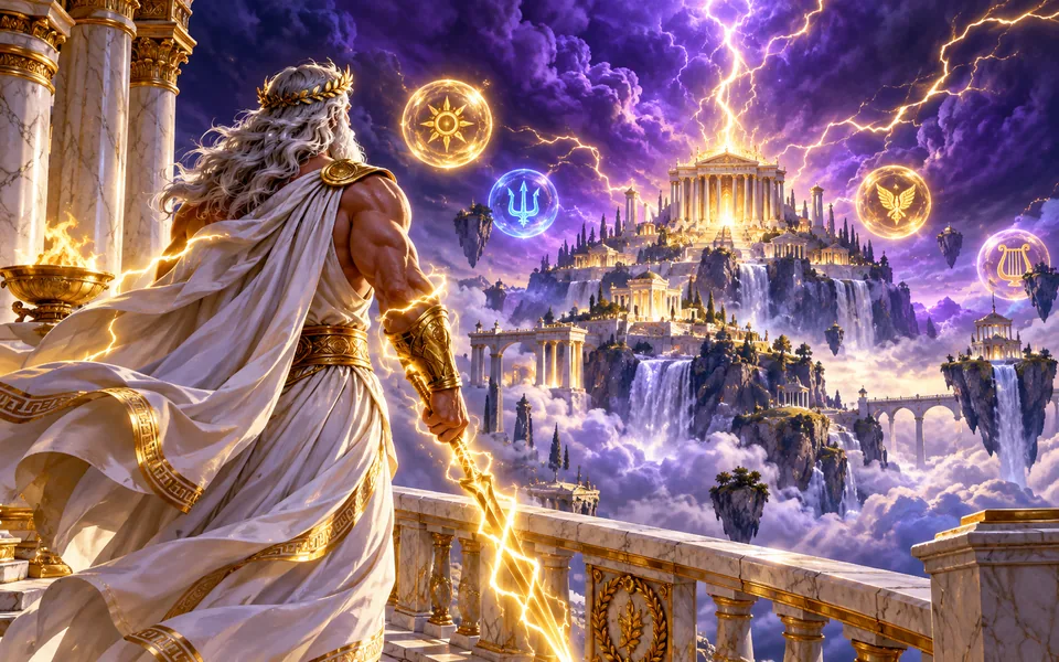Concept art of a thunder god above a marble temple