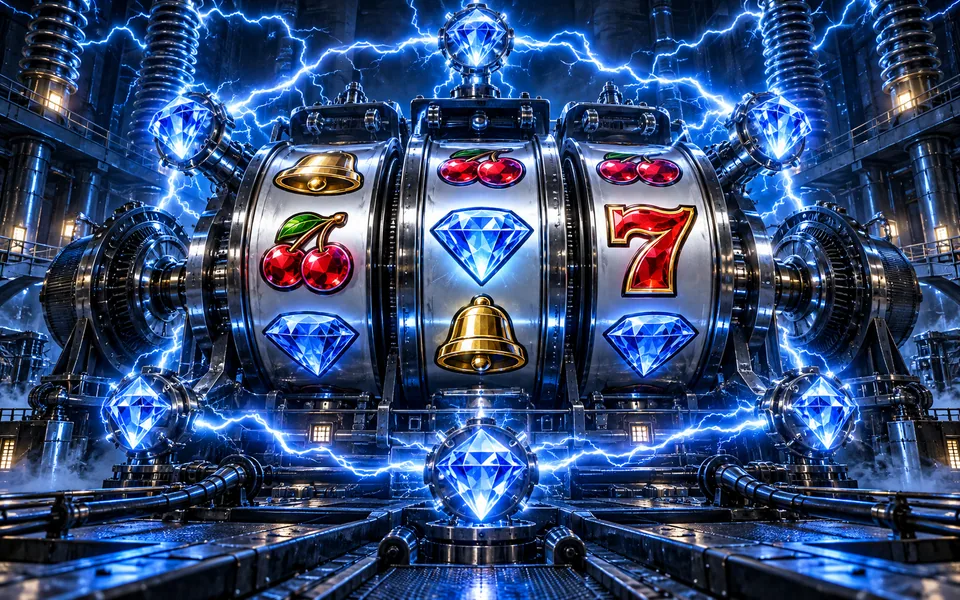 Concept art of chrome pokie mechanisms linked by blue lightning
