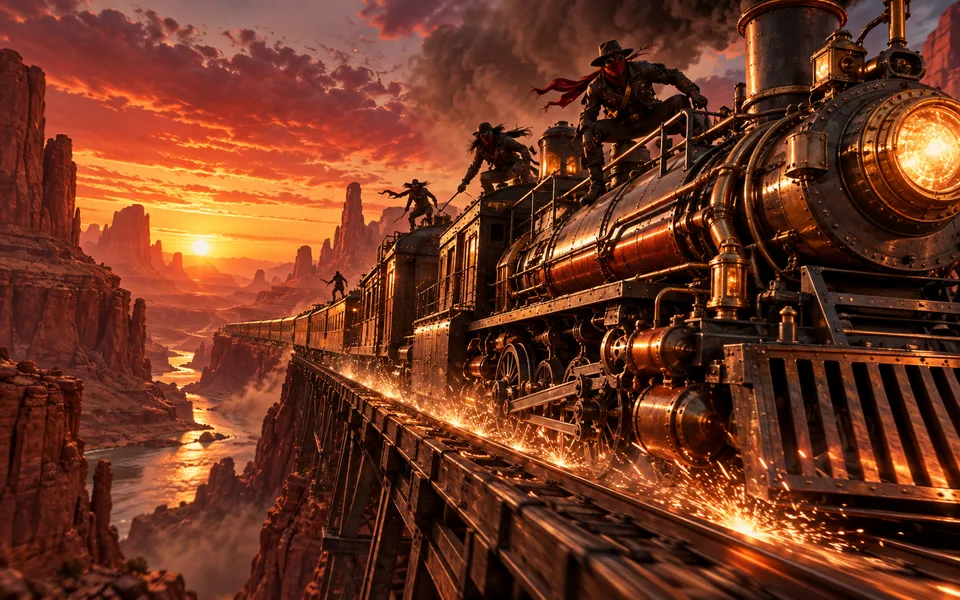 Concept art of a steampunk train racing through a desert canyon