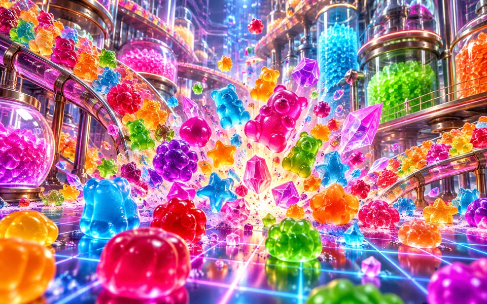 Concept art of a glowing candy laboratory with gummy clusters
